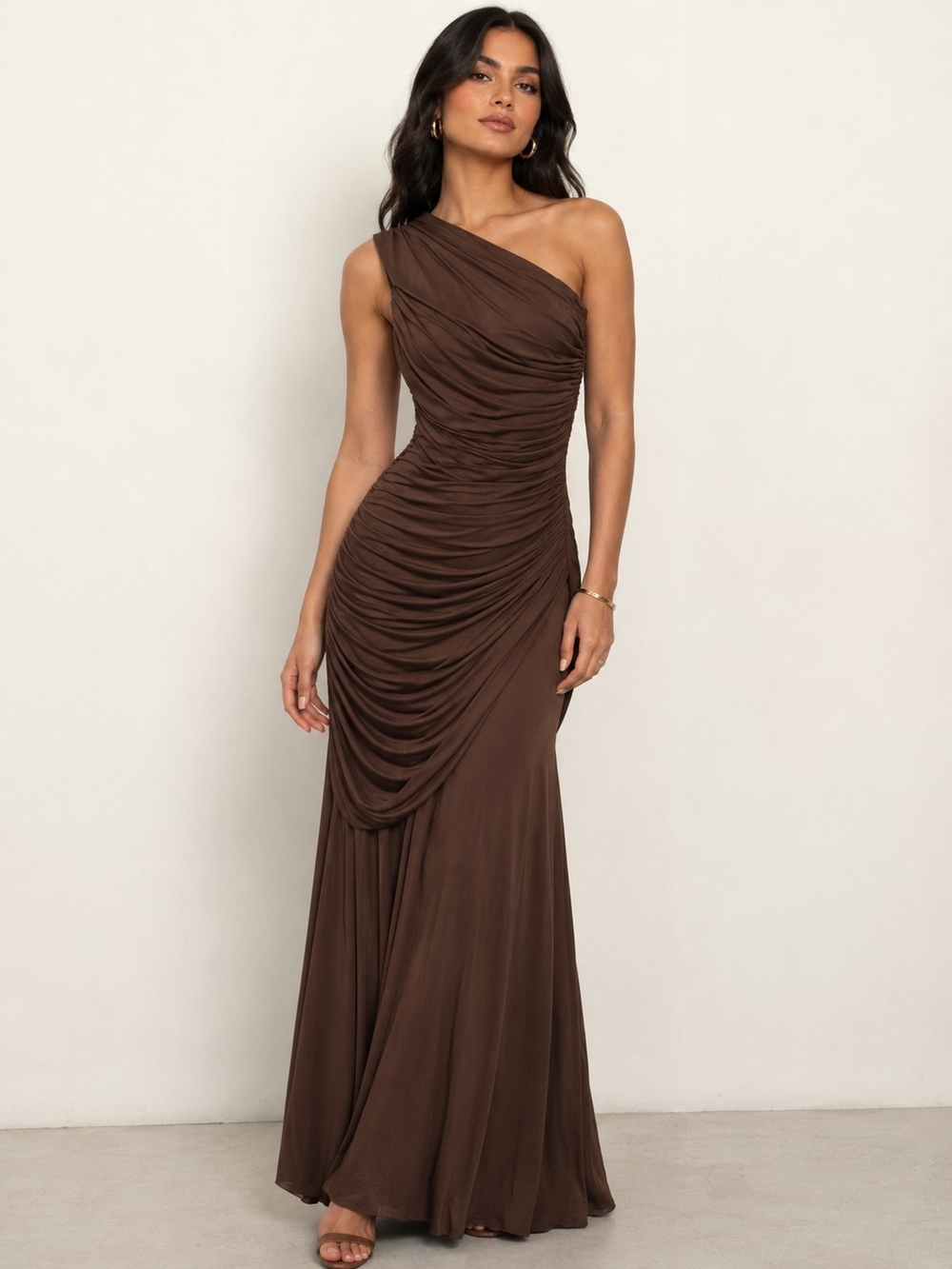 cameo One-Shoulder Ruched Chocolate Brown Gown